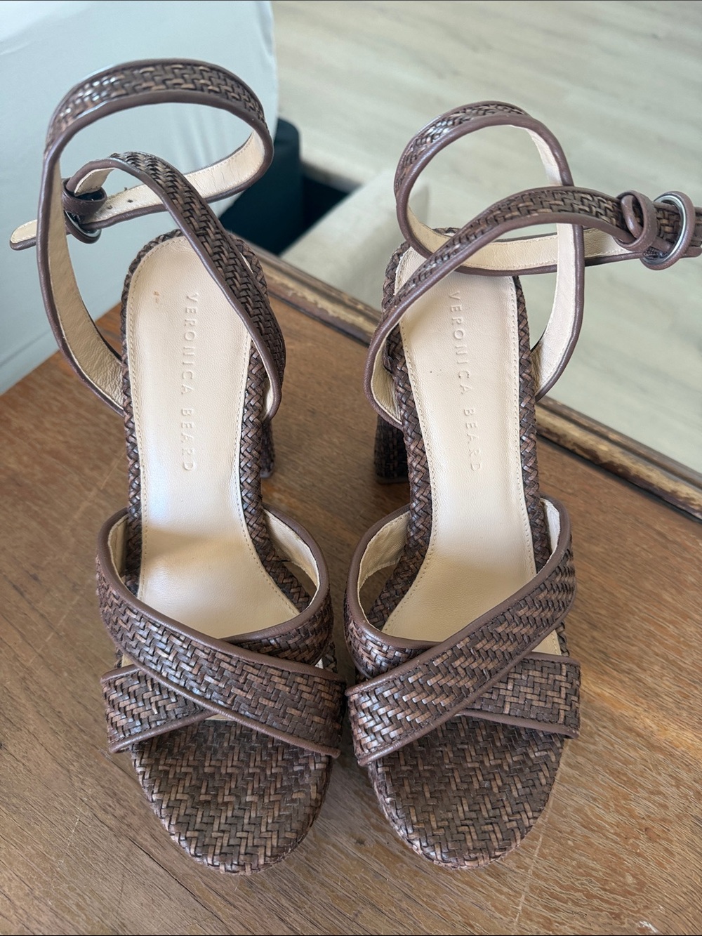 Veronica Beard Brown Woven Ankle-Strap Heels with Crisscross Straps